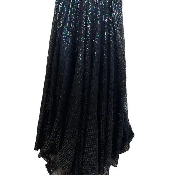 Mac Duggal Plunging Neckline Sequin Long Party Dress Black Iridescent Size 4 - Picture 7 of 13